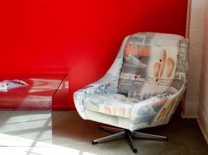 I printed a collage of iconic corporate images on hemp fabric to create these one off chairs for New Balance showrooms.